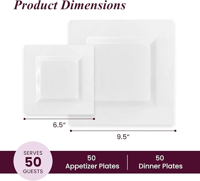 Aya's Cutlery Kingdom 100 Square Plastic Plates - Heavy Duty Disposable Plates - Includes 50 Dinner Plates (10-Inch) and 50 Salad Appetizer Plates (7-Inch) - Elegant White Party Plate for Holidays