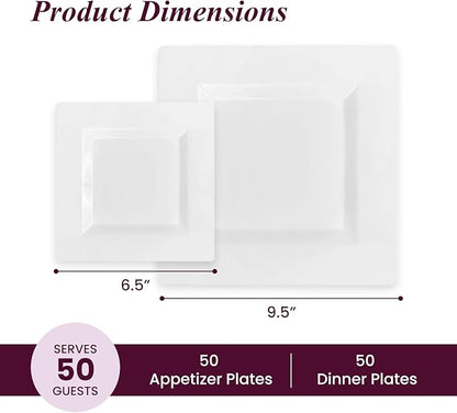 Aya's Cutlery Kingdom 100 Square Plastic Plates - Heavy Duty Disposable Plates - Includes 50 Dinner Plates (10-Inch) and 50 Salad Appetizer Plates (7-Inch) - Elegant White Party Plate for Holidays
