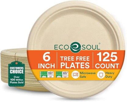 ECO SOUL Compostable Paper Plates 6 Inch (125 Count) for Thanksgiving Dessert, Heavy Duty, Eco-Friendly Sugarcane Bagasse Small Plates For Appetizer- Natural Brown