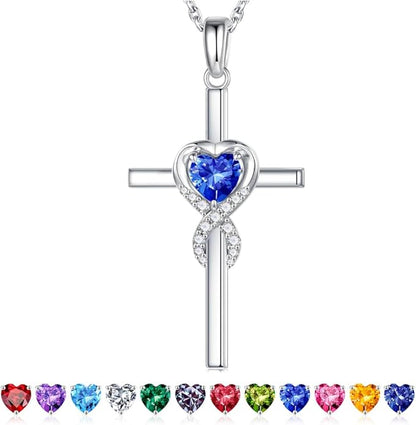 Iefil Cross Necklace for Women - 925 Sterling Silver Birthstone Necklace Jewelry Gifts for Women Wife