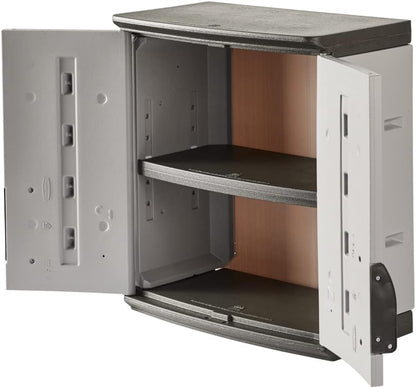 Rubbermaid Wall Mounted Storage Cabinet with Doors 150-Pound Capacity Gray Lockable Three-Shelf Cubbard for Tools/Car Accessories/Cleaning in Home/Garage/Outdoor Areas