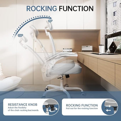 Synorla Office Chair Ergonomic Desk Chair, 330LBS Capacity, High Back Computer Design for Long Hours Comfort, Rolling Swivel for Home Office, Flip-up Armrests, White+Grey
