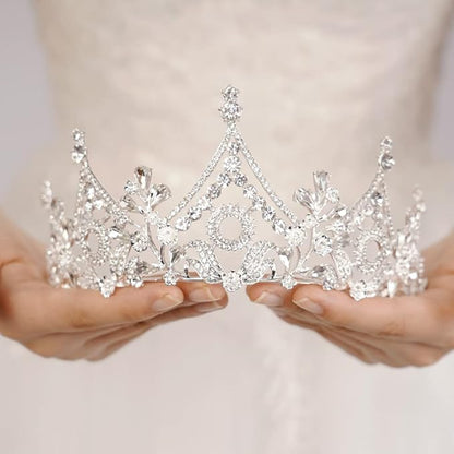 Wekicici Baroque Queen Crown Silver Crystal Tiara Rhinestone Princess Wedding Headband for Women Birthday Pageant Party(Silver)