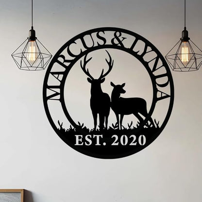 Personalized Deer Couple Metal Sign,Custom Deer Hunting Metal Wall Plaque, Rustic Hunting Lodge Wall Art, Custom Wildlife Gift for Men, Gift for Couples Anniversary, Family, Hunters, Nature Lovers