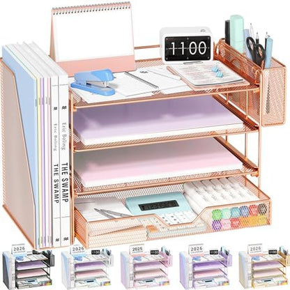 OPNICE Desk Organizers and Accessories, 4-Tier Desktop File Organizer with Drawer and Pen Holders, Office Desk Accessories Workspace Organizers for Office Supplies (Rose Gold)