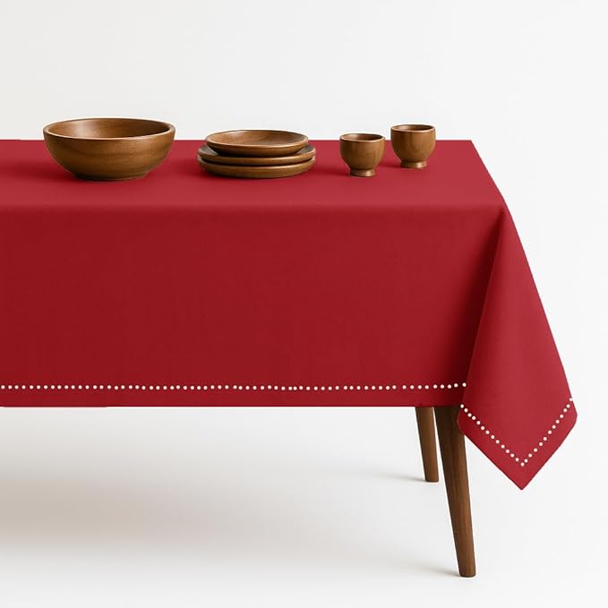 Red Cotton Tablecloth, Table Cover 52x70 Inch, Fits 4-6 Seats, Soft, Washable, Wrinkle Resistant, Rectangle Table Cloth for Dining, Anniversaries, Festive Gatherings, Family Dinner