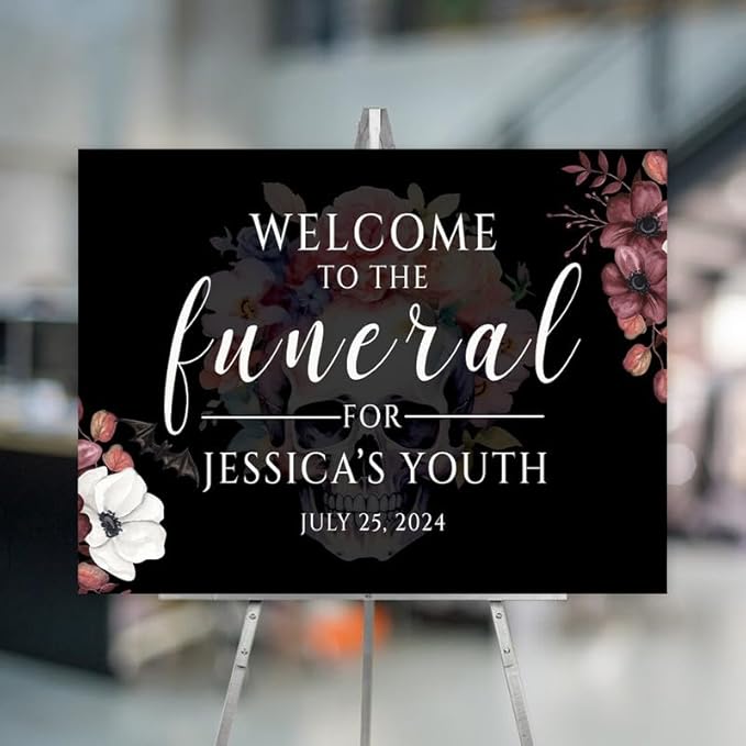 Funeral For My Youth 30th Birthday Party Welcome Sign, Personalized R.I.P Twenties Farewell to Youth Custom Decor, Vintage Gothic Floral Skull.