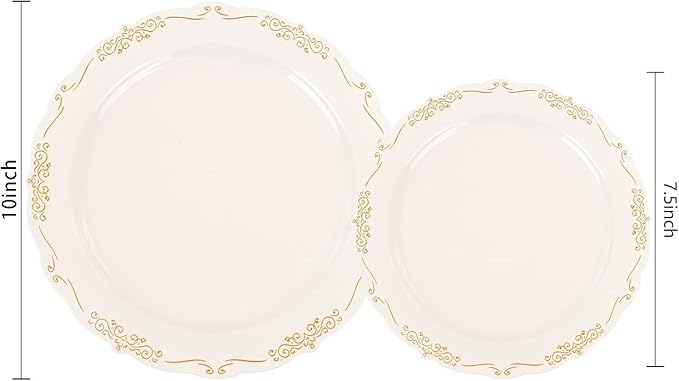 U-QE 100 PCS Ivory Christmas Plastic Plates with Gold Rim - Gold Plastic Plates for Christmas - Heavy Duty Disposable Use Including 50 10 '' & 50 7.5 ''