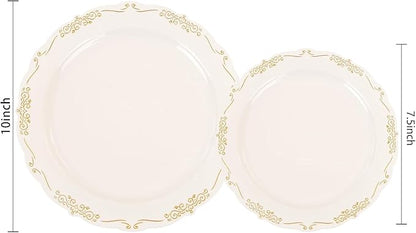 U-QE 100 PCS Ivory Christmas Plastic Plates with Gold Rim - Gold Plastic Plates for Christmas - Heavy Duty Disposable Use Including 50 10 '' & 50 7.5 ''