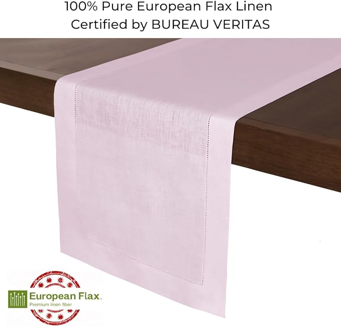 D'Moksha Homes Linen Pastel Pink Table Runner 108 Inches Long - 100% Pure Linen 14 x 108 Inch Table Runner for Winter, Christmas, Holiday - Classic Hemstitch