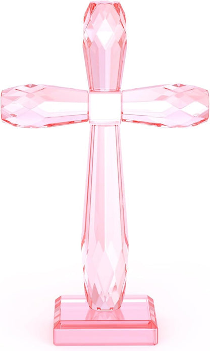 YWHL Handmade Crystal Standing Cross Decor, Religious Gifts for Women Men, Holy Cross for Easter Pary, Art Collectible Figurines for Home Table (Pink)