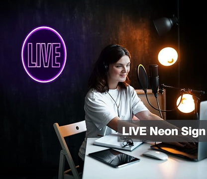 Live Neon Lights Sign, USB Powered Live On Air Led Neon Wall Art Sign, Dimmable Wall Décor Round Live Streaming Neon Night Light LED Sign for Streamer, Gamer, Game Room Decoration (Pink)