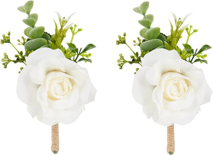 Meldel Ivory White Rose Boutonnieres for Men Wedding, Set of 2, Artificial Corsage for Prom, Groom and Groomsmen Boutonniere for Ceremony, Formal Dinner Party, Fall Rustic Wedding, Homecoming