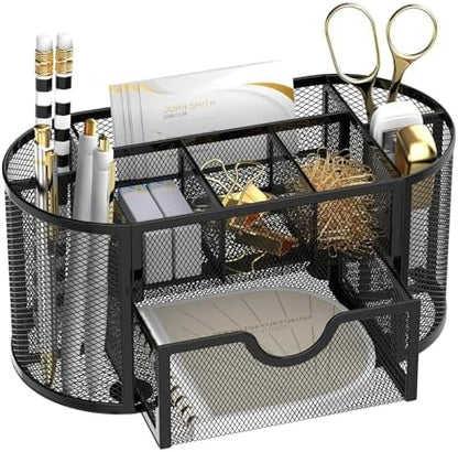 Mesh Desk Organizer with Drawer, 9-Compartment Pen Holder for Desk, Black