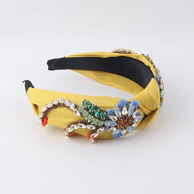 Yusier Baroque Rhinestone Crystal Hairband, Satin Fabric Hair Hoop in Yellow for Women, Hair Accessories, Exquisite Hairband, A Variety of Colors, 1 Count (Pack of 1)