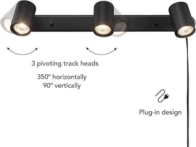 GLOBE Electric 59467 3-Light Plug-in Track Lighting, Matte Black, Bulb Not Included