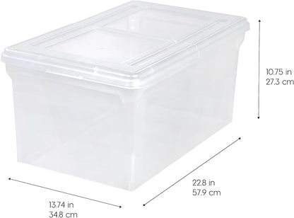IRIS USA File Box, File Organizer w/Hinged Split Lid for Letter File, Important Document Box, Plastic Storage Filing Bin for Moving, Stackable Nestable Portable, Clear 44 Qt. 5 Pack