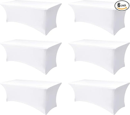 Spandex Table Cloths for 8 Foot Rectangle Tables-6 Pack Fitted Stretch White Table Covers-Elastic Folding Tablecloths for Party, Vendor Booth Display, Banquet Buffet Event, Craft Trade Show