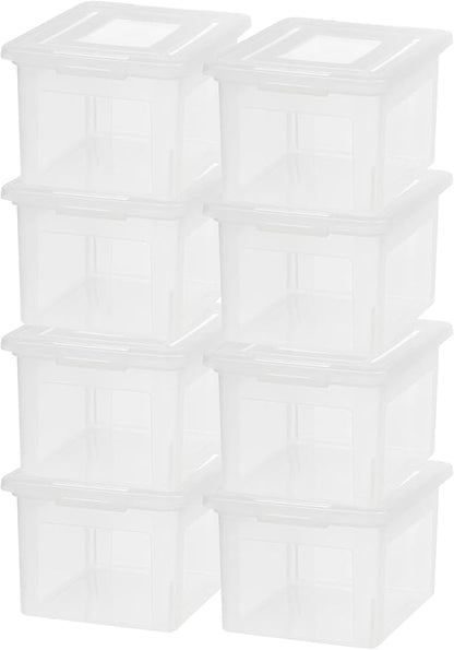 IRIS USA 8 Pack Plastic File Box with Lid for Letter/Legal Files, 35 Quart Stackable Clear Organizer Bin, Built-in File Ledge, Durable & Portable