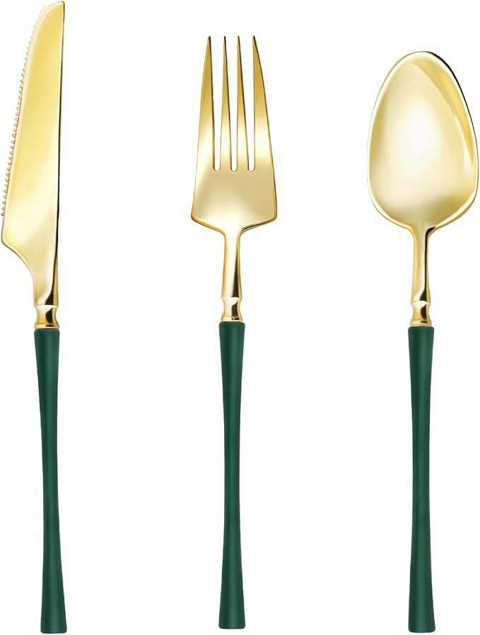 Lullaby 150pcs Gold Plastic Silverware, High End Disposable Cutlery with Dark Green Handle Include 50 Forks, 50 Spoons, 50 Knives, Elegant Silverware for Wedding, Party, Gathering and Daily Use