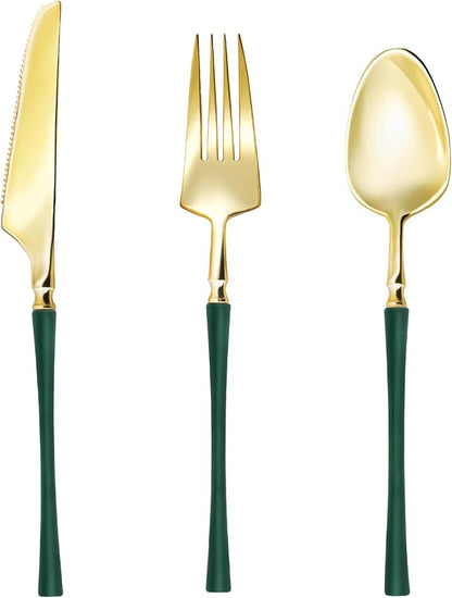 Lullaby 150pcs Gold Plastic Silverware, High End Disposable Cutlery with Dark Green Handle Include 50 Forks, 50 Spoons, 50 Knives, Elegant Silverware for Wedding, Party, Gathering and Daily Use