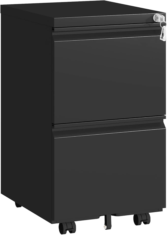 2 Drawer File Cabinet with Lock,Under Desk Rolling Small Filing Cabinet for Home Office Storage, Mobile Steel Cabinets with Wheels, Fully Assembled, Black