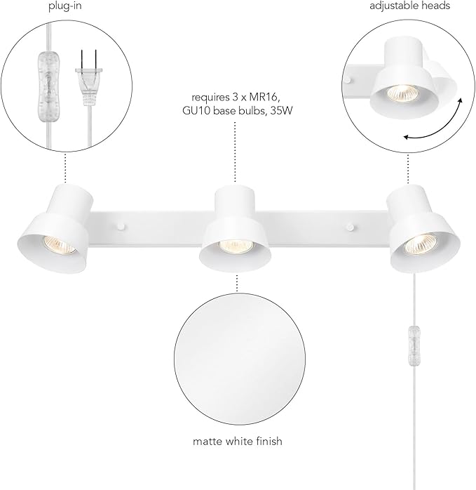 GLOBE Electric 64000116 22" 3-Light Plug-in Track Lighting, Matte White, Pivoting Heads, 15-Foot Cord, in-Line on/Off Rocker Switch, Modern Ceiling Light Fixture for Apartment or Renters