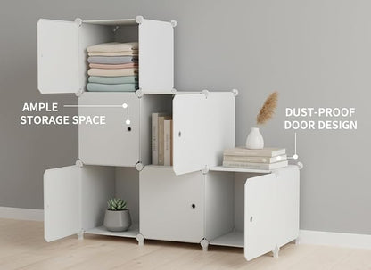 Cube Storage Organizer, 6-Cube Shelves Unit with Doors, DIY Stackable Plastic Clothes Organizer for Bedroom and Under Stairs Storage Unit, Each Compartment 30 x 30 x 30 cm White ATTSL6002