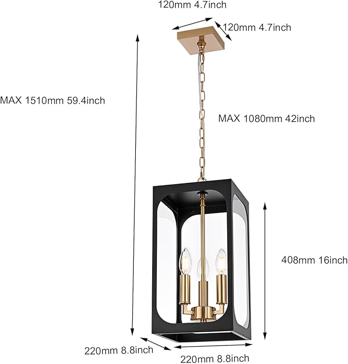 BONLICHT Black Outdoor Pendant Light Fixture 3 Light Modern Outdoor Chandelier with Clear Glass,Brushed Brass Outside Porch Lights Ceiling Hanging Exterior Pendant Lighting Fixture for Gazebo Foyer