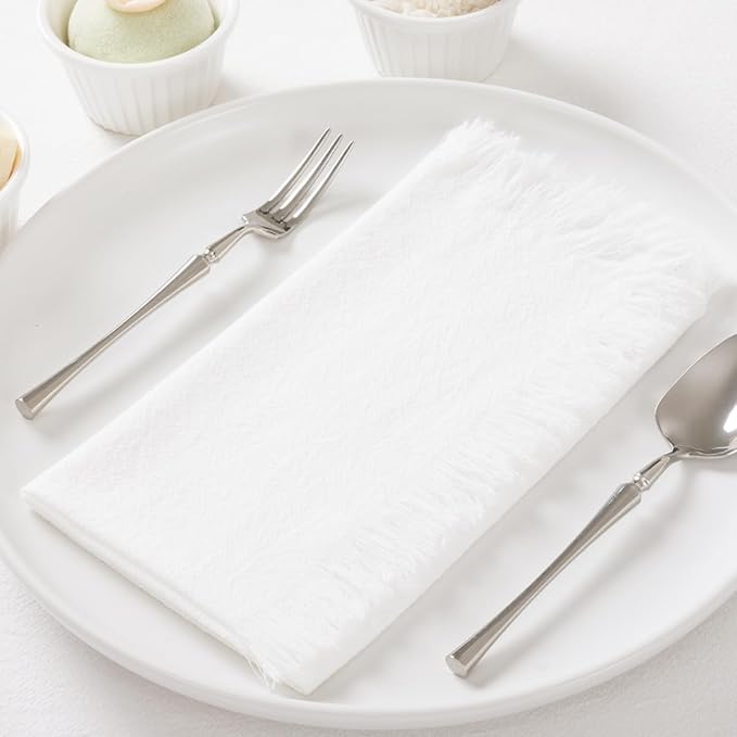 12 Pack Ivory White Cotton Linen Napkins with Fringe Christmas White Cloth Napkins Set of 12 Boho Handmade Holiday Napkins Bulk for Wedding Baby Shower Parties, 17 x 17 Inches
