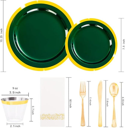 Liacere 175PCS Green Plastic Plates - Emerald Green Party Plates - Disposable Gold Plastic Plate include 50Plates, 25Knives, 25Forks, 25Spoons, 25Cups, 25Napkins for Football Party & Christmas