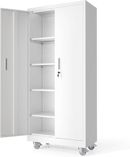 VINGLI Rolling Metal Storage Cabinet with Adjustable Shelves, 71'' Tall Garage Storage Cabinet with Wheels, Locking Tool Cabinets for Home Office Garage Gym School (White)
