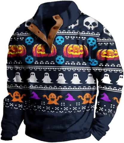 Mens Western Halloween Hoodie Button Up Henley Shirt Cowboys Sweatshirt Men Graphic Long Sleeve Pullover Tops