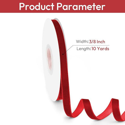 3/8" Wide Velvet Ribbon, 10 Yards - Thin Red Velvet Ribbon on Spool for Crafts, Gift Wrapping, DIY, Hair Bows, Wedding Invitations, Parties, Valentine's Day, and Christmas