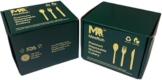 Premium Eco-Friendly Heavy-Duty Disposable Cutlery Set – 300-Piece Sturdy Forks, Spoons & Knives | Biodegradable, Compostable, Smooth Finish for Parties, Events & Camping Utensils – By MeeRoh