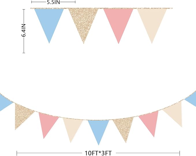 Dusty Rose Pink and Blue Beige Champagne Gold Party Decorations Pennant Banner Flag Hanging Paper Triangle Bunting for Retro Gender Reveal Baby Shower Birthday Bridal Shower Wedding Party Supplies