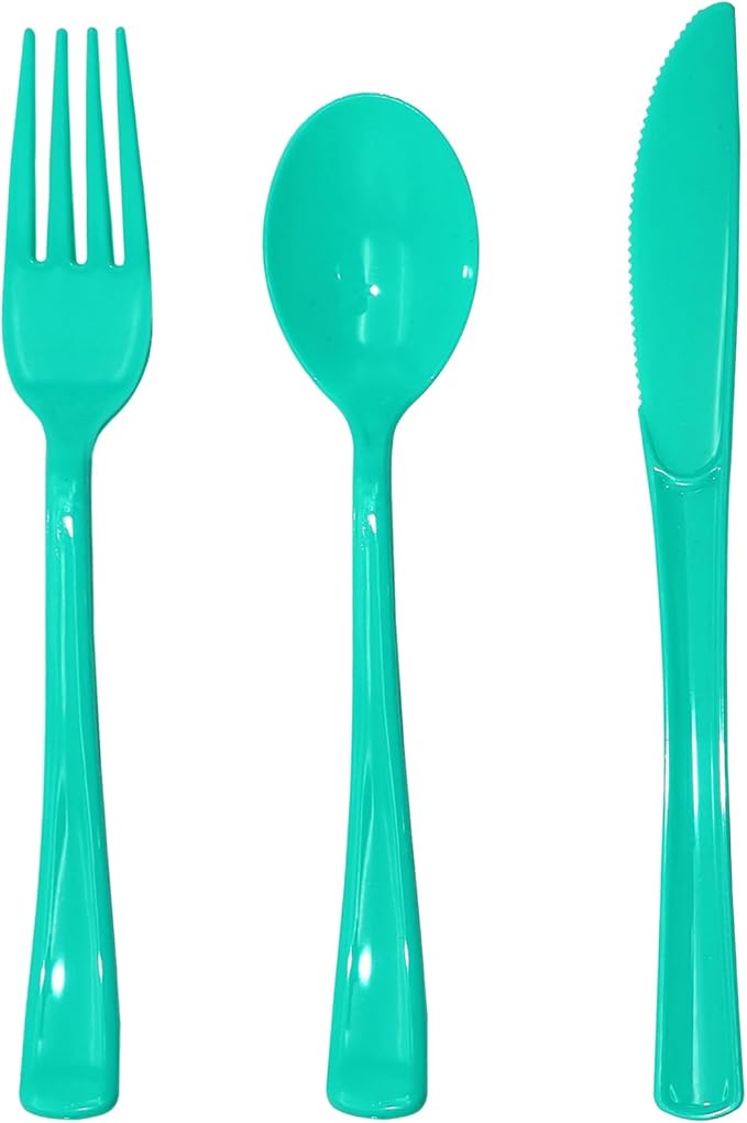 150 Pack Teal Plastic Silverware, Teal Plastic Cutlery Set - 50 Forks and 50 Spoons, 50 Knives for Brithday, Wedding