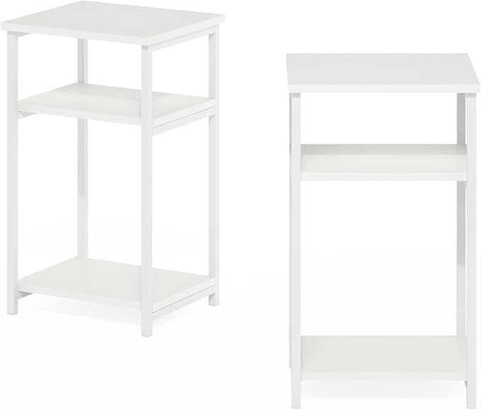 Furinno JUST Side Table Set of 2, 3-Tier Metal Frame Modern End Table with Open Shelf, Night Stand, Bedside Table, for Living Room, Bedroom, White