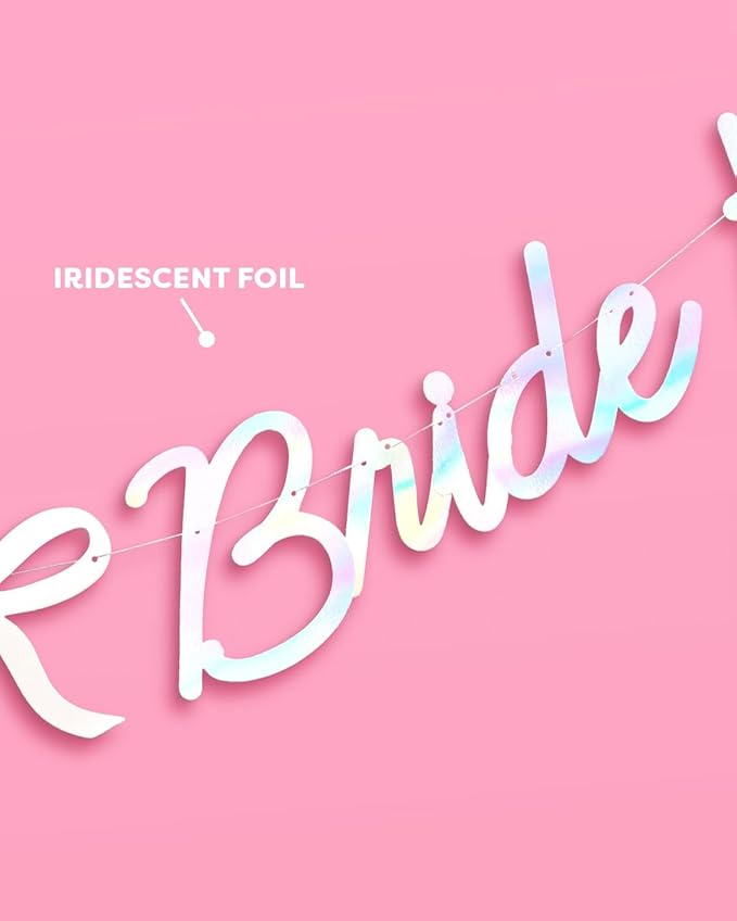 xo, Fetti Bride to Be Bow Banner Iridescent Foil + Pink Glitter , 5 Ft. | Bachelorette Party Decoration, Tying the Knot Bride Bach Decor, Bridesmaid Favor, Engagement Gift, Bridal Shower Supplies, Photobooth Backdrop