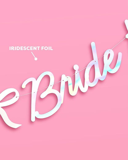 xo, Fetti Bride to Be Bow Banner Iridescent Foil + Pink Glitter , 5 Ft. | Bachelorette Party Decoration, Tying the Knot Bride Bach Decor, Bridesmaid Favor, Engagement Gift, Bridal Shower Supplies, Photobooth Backdrop