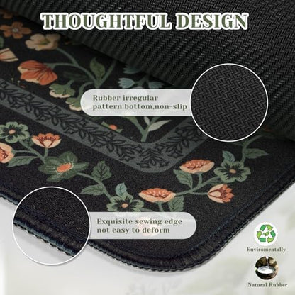 iCasso Aesthetic Floral Desk Mat,Retro Mouse Pads,31.5x11.8in, Black