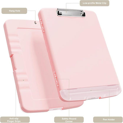 Piasoenc Clipboard with Storage, 8.5 x 11 Organization Box with Pen Holder and A4 Legal Paper Folder, Folio & Side-Opening, Low Profile Clip,for Nurses,Teachers, Size 14 x 9.6 x 1.2 in, Pink