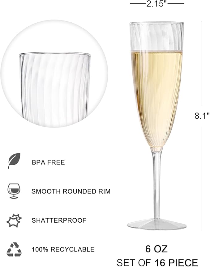 6 Oz Clear Plastic Champagne Glasses 16 Pack, Hard Disposable Plastic Champagne Flute Ideal for Home Daily Life Party Wedding Toasting Drinking Champagnes,New Years Eve Party Supplies