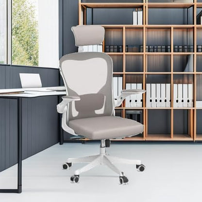 Monhey Office Chair Ergonomic Desk Chair with Lumbar Support&Headrest&Flip-up Arms Height Adjustable Rocking Swivel Computer Chair Multi-Angle from 90° to 125° with 350LBS Capacity (02White+Khaki)