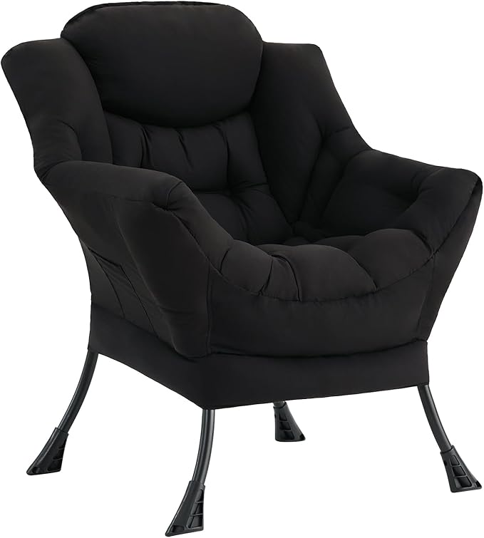 LITA Lazy Chair with Armrests and Side Pocket, Modern Upholstered Accent Reading Chair for Living Room, Bedroom, Dorm, Small Spaces, Single Black
