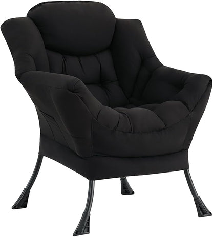 LITA Lazy Chair with Armrests and Side Pocket, Modern Upholstered Accent Reading Chair for Living Room, Bedroom, Dorm, Small Spaces, Single Black