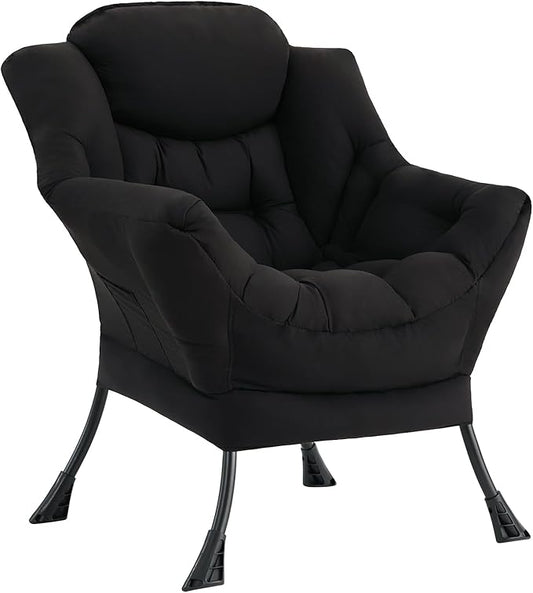 LITA Lazy Chair with Armrests and Side Pocket, Modern Upholstered Accent Reading Chair for Living Room, Bedroom, Dorm, Small Spaces, Single Black