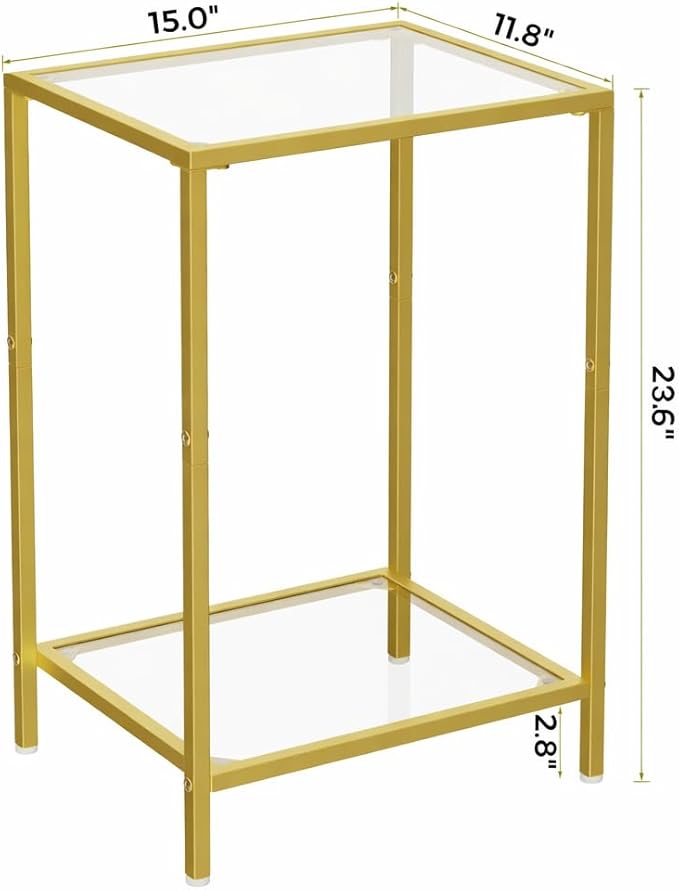 Side Tables Set of 2, End Tables with Tempered Glass, 2-Tier Nightstands with Storage Shelves, Coffee Table with Modern Style, Slim Sofa Table for Living Room, Bedroom, 11.8" D x 15" W, Gold