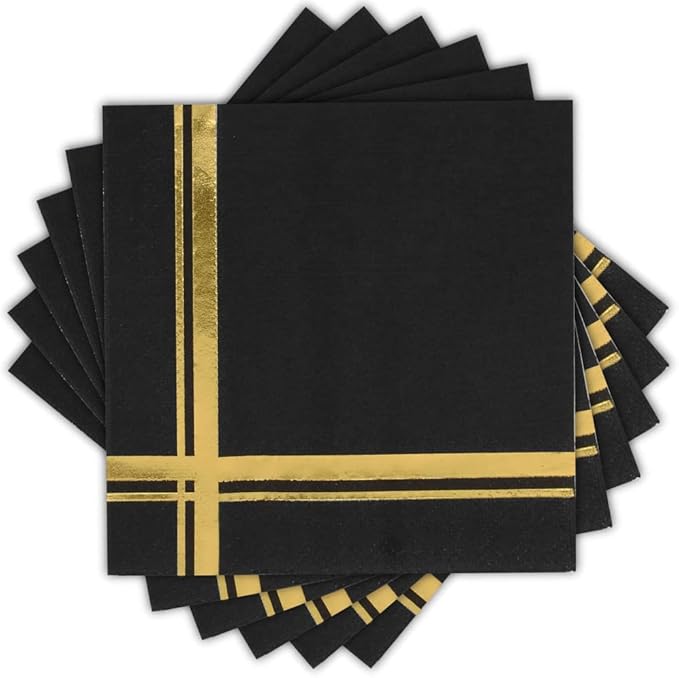 Gold on Black Cocktail Napkins - 100 Pack, 5" x 5", 3-Ply Paper - Style Name: Blissful Crossing