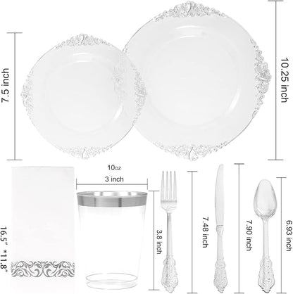 FLOWERCAT 175PCS Clear Silver Plastic Plates -Include 50 Plates, 25 Cups, 25 Forks, 25 Knives, 25 Spoons, 25Napkins for Wedding & Party&New Year